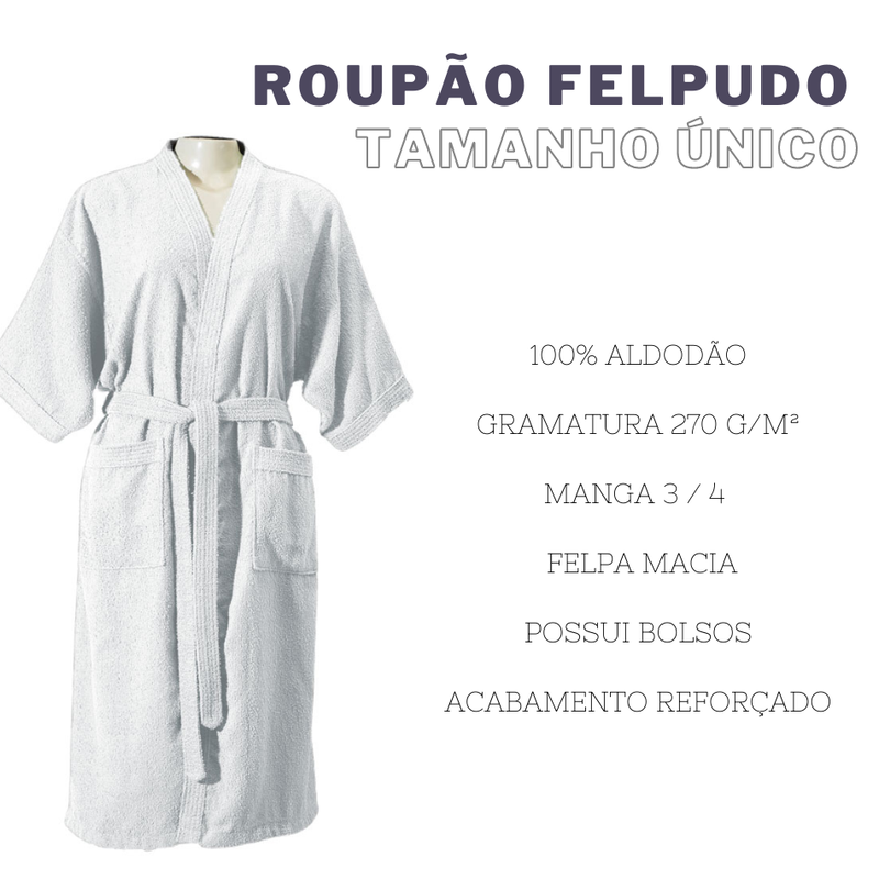 Roupão de Banho Felpudo Adulto 100% Algodão Hipoalergênico Branco – Tamanho Único - Imagem 3
