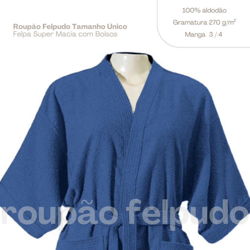 Roupão de Banho Felpudo Adulto 100% Algodão Hipoalergênico Azul – Tamanho Único - Imagem 3