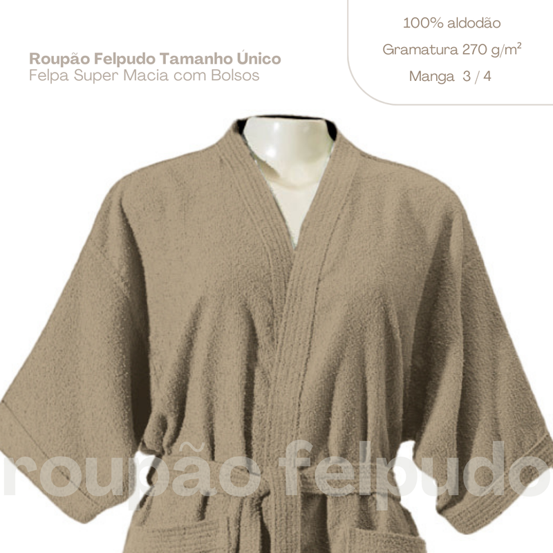 Roupão de Banho Felpudo Adulto 100% Algodão Hipoalergênico Marrom Claro – Tamanho Único - Imagem 3